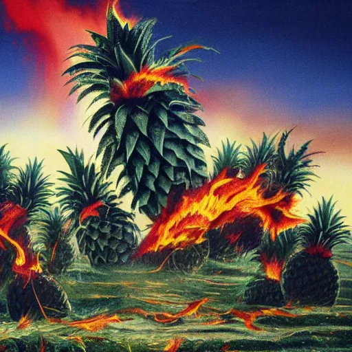 Image similar to pineapples on fire in a tornado matte painting, highly detailed