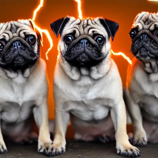 Image similar to a pug cerberus, cinematic lightning, 8 k