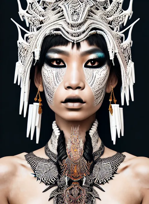 Image similar to a fierce looking beautiful young thai woman with symmetrical white makeup, wearing an intricate headdress made from bones and leather, wearing large earrings made from white bones, hyperdetailed illustration by irakli nadar and alexandre ferra, intricate linework, in the style of a national geographic portrait, unreal engine 5 highly rendered, global illumination, radiant light, detailed and intricate environment