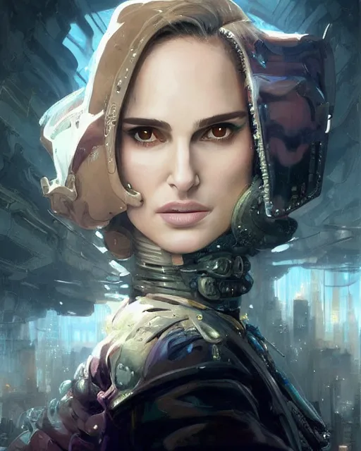 Image similar to beautiful fantasy character portrait, natalie portman, wearing oversized black trench coat, ultra realistic, wide angle, dramatic lighting, vultures, cyberpunk artifacts, highly detailed by peter mohrbacher, hajime sorayama, wayne barlowe, boris vallejo, aaron horkey, gaston bussiere, craig mullins