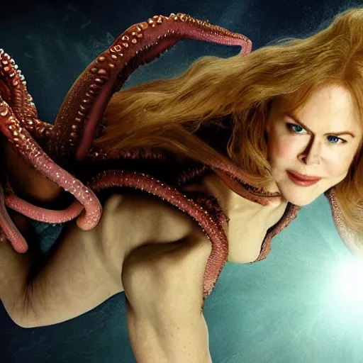 Prompt: Nicole Kidman as octopus woman (superhero), dramatic cinematic portrait, underwater