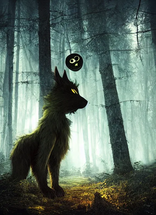 Image similar to a ominous furry creature with long twisted ears standing in a forest, big yellow glowing eyes, dark fantasy, michael kutsche, concept render, beautiful lighting