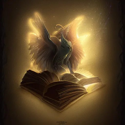 Image similar to light falling on a mythical book in dark background, dark color scheme, artstation