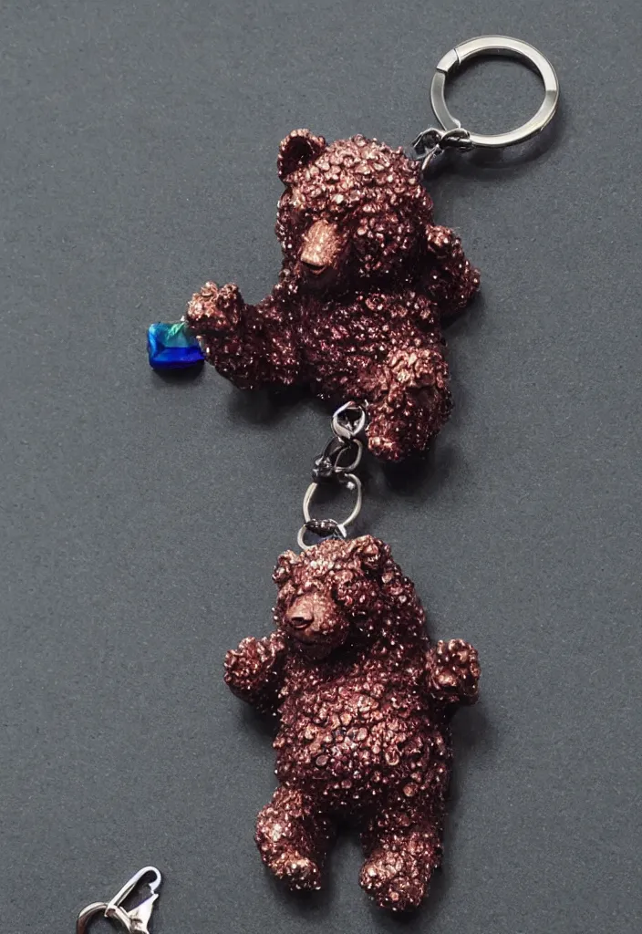 Image similar to a deep coloured crystalized bear keychain by greg rutkowski, sung choi, mitchell mohrhauser, maciej kuciara, johnson ting, maxim verehin, peter konig, 8 k photorealistic, cinematic lighting, hd, high details, dramatic, atmosphereric