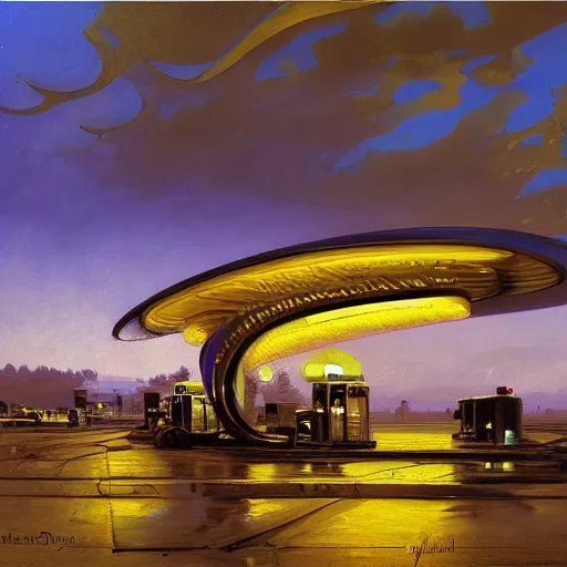 Prompt: painting of syd mead artlilery scifi organic shaped gas station with ornate metal work lands on a farm, filigree ornaments, volumetric lights, purple sun, andreas achenbach