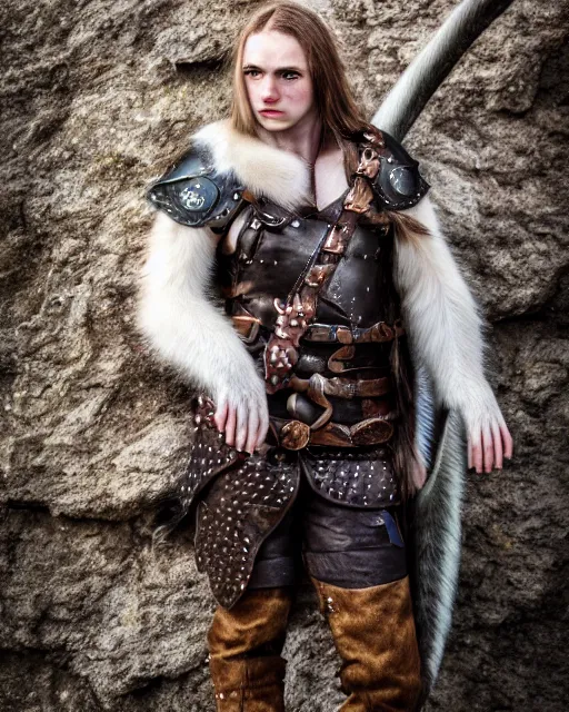 Image similar to ferret love warrior, furry, fantasy, viking, high detailed, hearts, photography, cloudy, lightweight leather armour, scandinavia, plain, detailed face, look into the distance, serious face, full body, in full growth, professional photographer, masterpiece, 5 0 mm, extremely detailed, digital art 8 k