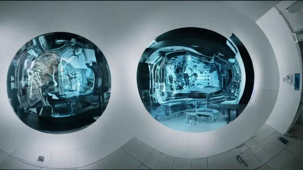 Image similar to an mri image open mri machine portal in the living room, film still from the movie directed by denis villeneuve with art direction by salvador dali, wide lens