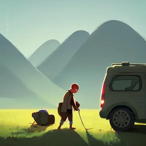 Image similar to goro fujita ilustration hiker unloading the car before camping, characterized by roman shipunov, etienne hebinger, atey ghailan