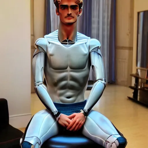 Image similar to a realistic detailed photo of a guy who is an attractive humanoid who is half robot and half humanoid, who is a male android, soccer player antoine griezmann, shiny skin, posing like a statue, blank stare, in a living room, on display, showing off his muscles, with a twin