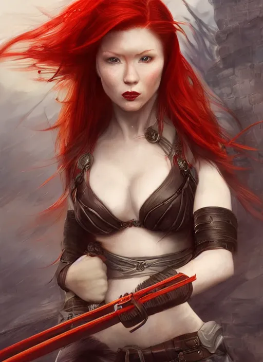 Image similar to Redhead female fighter with long katana, fantasy, medieval, vivid colors, fantasy, elegant, concept art, sharp focus, beautiful face!!, digital art, Hyper-realistic, 4K, Unreal Engine, Highly Detailed, HD, Dramatic Lighting by Brom, trending on Artstation