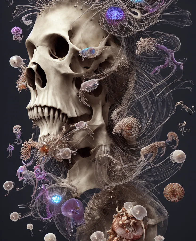 Image similar to goddess close-up portrait ram skull, thorax, x-ray, backbone, jellyfish phoenix head, nautilus, orchid, skull, betta fish, bioluminiscent creatures, intricate artwork by Tooth Wu and wlop and beeple. octane render, trending on artstation, greg rutkowski very coherent symmetrical artwork. cinematic, hyper realism, high detail, octane render, 8k