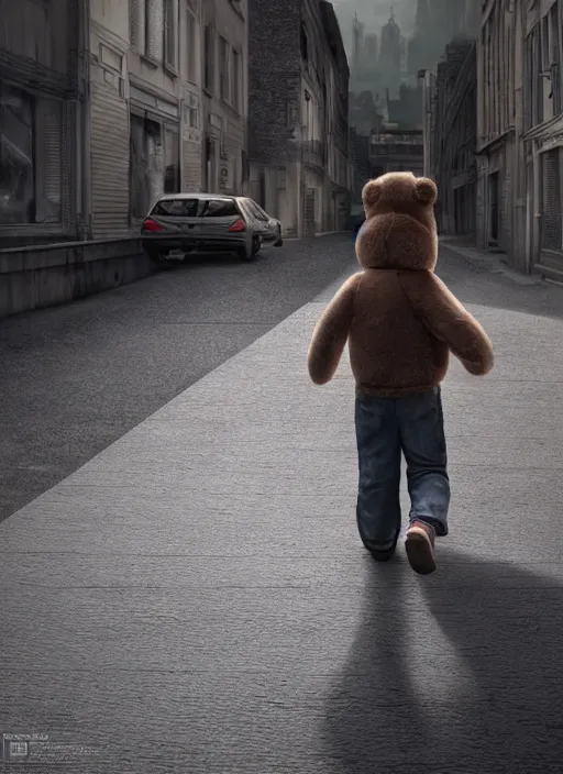 Image similar to hyperrealism, detailed textures, photorealistic 3 d, a young boy walking down the street holding a worn out teddy bear, ultra realistic, cinematic, intricate, cinematic light, concept art, illustration, art station, unreal engine 8 k