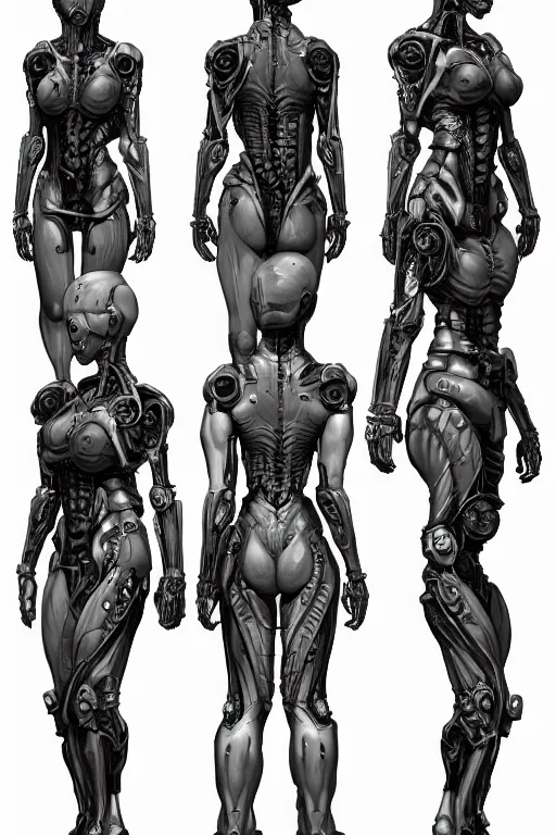 Image similar to cyborg norse goddess with gunmetal grey skin, medical anatomy, very symmetrical face, highly detailed, japanese mecha, three - perspective / three - view reference sheet ( front / back / side ), in the style of dan ouellette, dren from splice, hr giger, sil from species, artstation, unreal engine