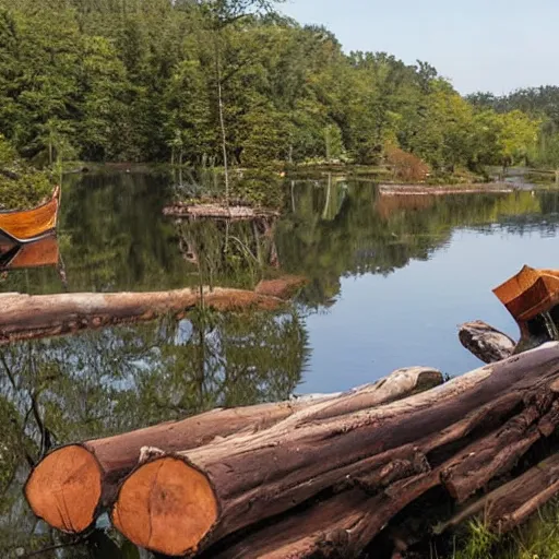 Image similar to primitive wooden dock on a lake coast with primitive rowboats docked at it, bushcraft, made of logs