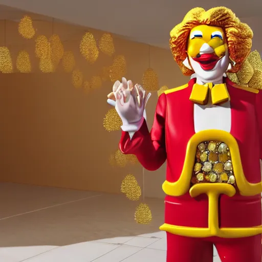 Prompt: A still of Ronald McDonald surrounded by gold and diamonds, Award-winning, photograph, 3d render, unreal engine, 4k detailed