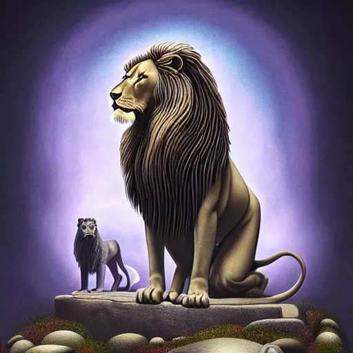 Image similar to an anthromorphic lion meditating in a zen garden with a waterfall under the blood moon, by Adi granov and afarin sajedi and amanda sage and evgeni gordiets and Agostino Arrivabene and adonna khare in a psychedelic portrait style, ultrarealistic matte painting, volumetric lighting, fractal, extremely symmetrical, highly detailed face, orisha, 8k, hd