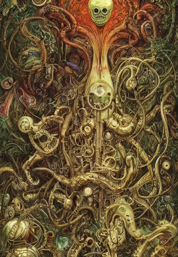 Prompt: simplicity, elegant, muscular eldritch clockwork, botany, orchids, radiating, colorful mandala, psychedelic, overgrown garden environment, by h. r. giger and esao andrews and maria sibylla merian eugene delacroix, gustave dore, thomas moran, pop art, biomechanical xenomorph, street art, graffiti, saturated