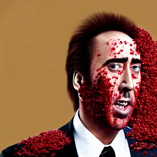 Image similar to nic cage screaming while covered from head to toe in red bees, award winning portrait