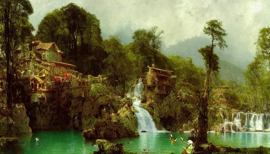 Image similar to a small village by a lake, waterfalls, cascades, very detailed, by john berkey, albert bierstadt, ruan jia, lawrence alma tadema, zdzislaw beksinski, carl spitzweg, everett raymond kinstler, norman rockwell, jack kirby, tom lovell, greg staples