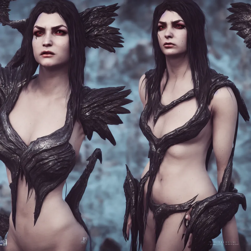 Image similar to game character design, ancient siren with black wings, unreal 5, hyperrealistic, octane render, cosplay, rpg portrait, by nixeu, artsation.