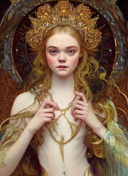 Image similar to Elle Fanning as God of Beauty, cute, fantasy, intricate, elegant, highly detailed, digital painting, 4k, HDR, concept art, smooth, sharp focus, illustration, art by alphonse mucha,artgerm, H R Giger