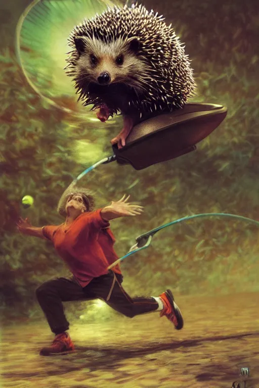 Image similar to A hedgehog playing tennis. colorlpunk art and illustration by tian zi and craig mullins and WLOP and alphonse mucha, fantasy, intricate complexity, hyperrealism 8k