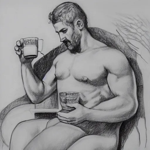 Image similar to zeus drinking tea in the olympus, pencil drawing