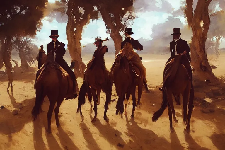 Prompt: portrait of a respectable dignified royal business elite politicians in top hats and coat tails riding on peacocks in the sahara desert throwing vanilla icecream cones at each other, art by anders zorn, wonderful masterpiece by greg rutkowski, beautiful cinematic light, american romanticism by greg manchess, jessica rossier