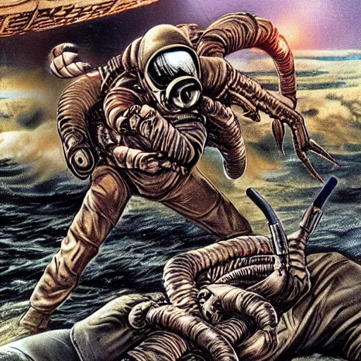 Image similar to facehugger attacking colonial marine in military spaceship realistic