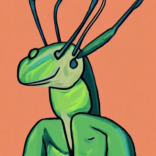 Prompt: portrait of a praying mantis with a manbun'