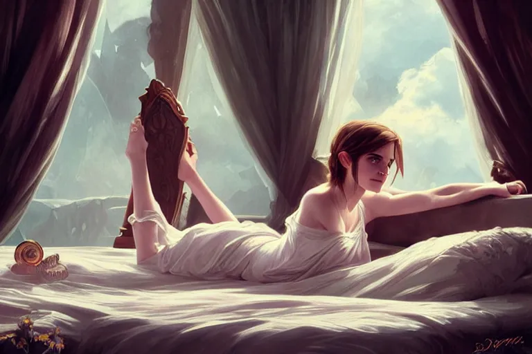 Image similar to Emma Watson lying on the bed in sleepwear,, D&D, fantasy, intricate, elegant, highly detailed, digital painting, artstation, concept art, matte, sharp focus, illustration, hearthstone, art by Artgerm and Greg Rutkowski and Alphonse Mucha