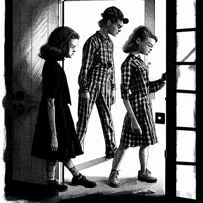 Image similar to [ sadie sink in dirty workmen clothes opens the door to enter ] [ a very dark dingy 1 9 6 0 s house ]. technique : black and white pencil and ink. by gabriel hardman, joe alves, chris bonura. cinematic atmosphere, detailed and intricate, perfect anatomy