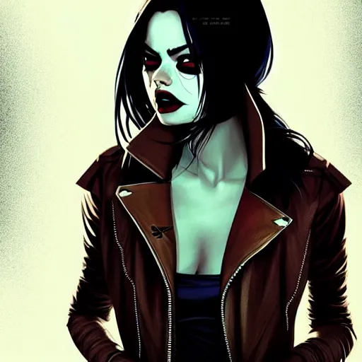 Prompt: Rafael Albuquerque comic cover art, loish, Sam yang, artgerm, Ross tran, pretty female Samara Weaving vampire, very sharp fangs blood on face face, sarcastic smile, symmetrical eyes, symmetrical face, brown leather jacket, jeans, long black hair, middle shot, highly saturated, deep blacks