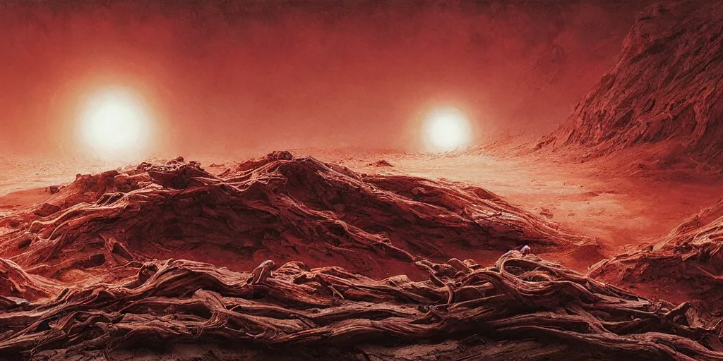 Image similar to supernova, alien surface planet covered with black tree roots, red desert mars, norilsk, painted by ruan jia, raymond swanland, lawrence alma tadema, zdzislaw beksinski, norman rockwell, jack kirby, tom lovell, alex malveda, greg staples, steve mccurry