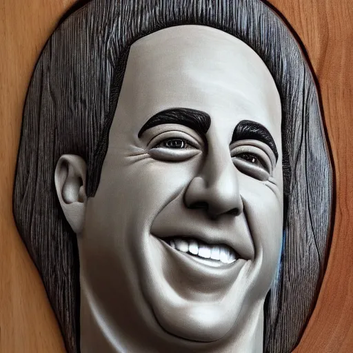 Image similar to Jerry Seinfeld's face carved un wood, detailed artwork, Masterpiece