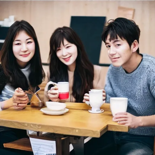 Image similar to a group of 4 people drinking coffee : korean girl, osetin girl, vyacheslav, ilya