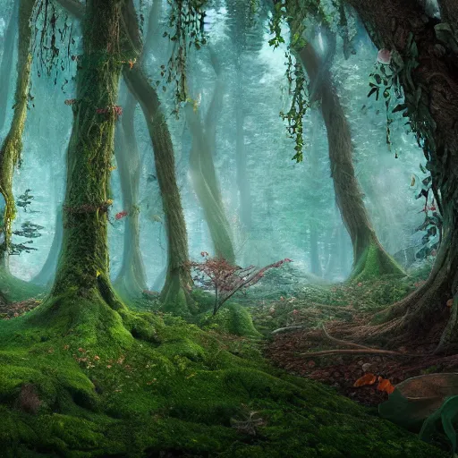 Prompt: wide angle shot of a fairytale forest, concept art, blender render, highly detailed, 4 k, 8 k, artstation