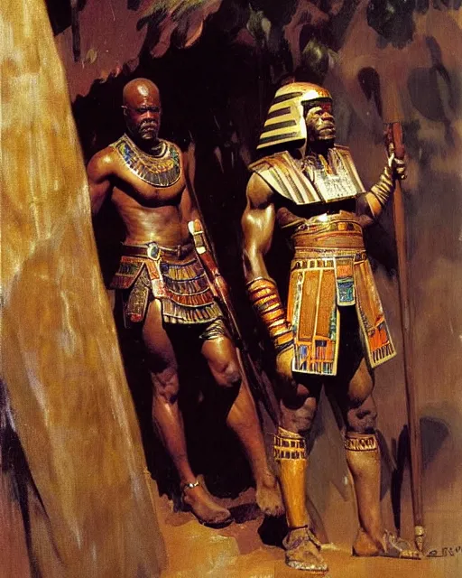 Image similar to fantasy oilpainting by anders zorn depicting djimon hounsou as a temple guard dressed in ancient egyptian decorative armor