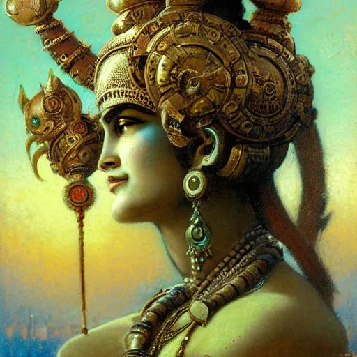 Image similar to detailed potrait of hindu god shiva with steampunk head armour, girl graceful,, painting by gaston bussiere, craig mullins, j. c. leyendecker, lights, art by ernst haeckel, john william godward, hammershøi,,