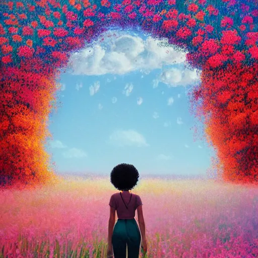 Image similar to girl with afro made of flower, standing in a field with flowers, surreal photography, hills, big trees, sunrise dramatic light, impressionist painting, colorful clouds, digital painting, pointillism, artstation, simon stalenhag