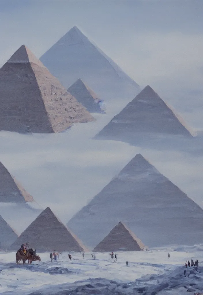 Image similar to the pyramids of egypt covered in snow, oil on canvas, fantasy, trending on artstation, digital art.