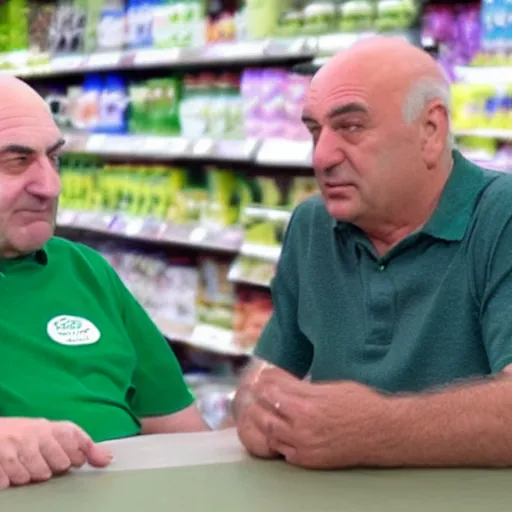 Image similar to mid white hair old man with green shirt and white short, sitting in simpson supermarket with kevin o'leary