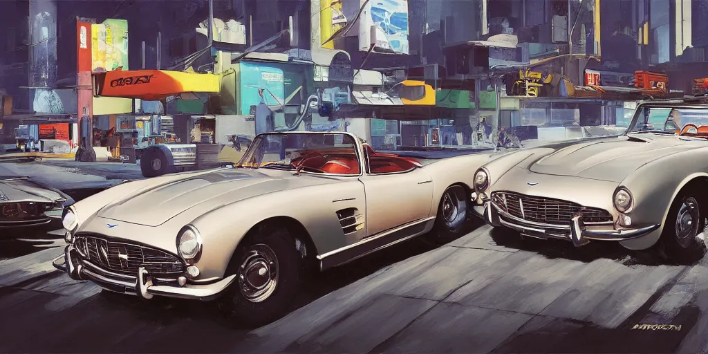 Image similar to art style by Ben Aronson and Edward Hopper and Syd Mead, wide shot view of the Cyberpunk 2077, on ground level. full view of the hybrid design between Aston Martin DB4 1958, Corvette C2 1969, and Mercedes-Benz 300sl 1955 with wide body kit modification and dark pearlescent holographic paint.