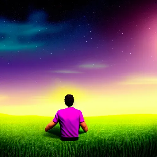 Prompt: idealized detailed image of a happy man thinking while in a dream-like environment, looking over a landscape of bright, verdant farmland, a quaint little village in the background and starlit skies, the sky has purple/pink undertones and