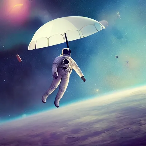 Prompt: astronaut gliding through space with an umbrella, long shot from the back, digital art, trending on artstation