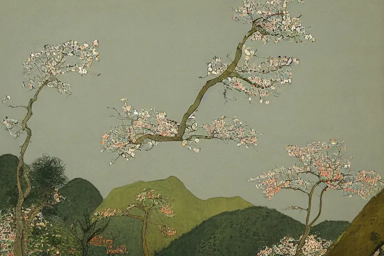 Prompt: an ultradetailed landscape painting of westlake in china hangzhou, light yellow may flowers blossoms nearby, autumn wind, chinese water color, smooth, sharp focus, illustration, by hilma af klint