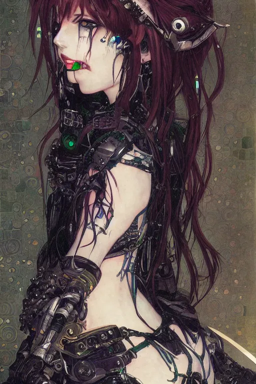 Prompt: portrait of beautiful young gothic anime maiden, cyberpunk, Warhammer, highly detailed, artstation, illustration, art by Gustav Klimt