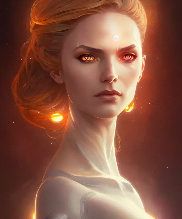 Image similar to futuristic woman portrait, sci-fi, amber eyes, face, long hair, fantasy, intricate, elegant, highly detailed, digital painting, artstation, concept art, smooth, sharp focus, illustration, art by artgerm and greg rutkowski and alphonse mucha