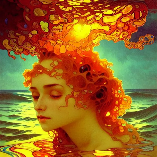 Image similar to mind bending ocean waves of glossy psychedelic liquid honey drops flowing like kaleidoscopic translucent amber, lsd waves, dmt ripples, crystal clear, backlit, sunset, refracted lighting, art by collier, albert aublet, krenz cushart, artem demura, alphonse mucha