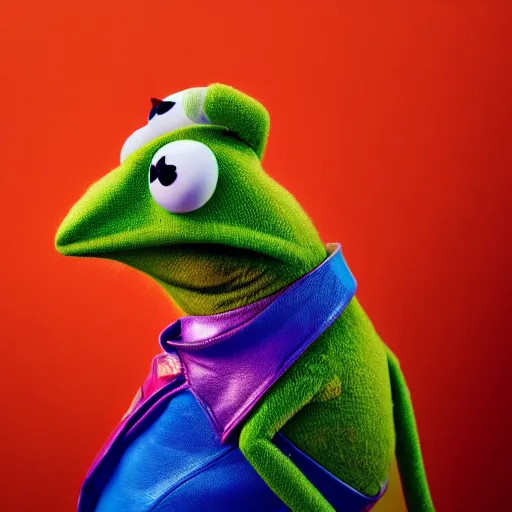 Image similar to portrait of kermit the frog, high fashion photography, looking strong, artistic, studio, coloured background, hippie, looking into the camera, cool, commercial, high quality, epic lighting, amazing, iconic